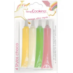 SCRAPCOOKING 4 Stylos Chocolat Blanc Rose Vert Jaune 25g* Nappages Et Glaçages|Décoration Comestible