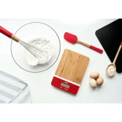 PEBBLY Balance de Cuisine Electronique Bambou Rectangle Rouge 23 x 16 cm* Balance De Cuisine