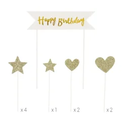 PATISDECOR Cake Topper Happy Birthday Cœurs et Étoiles Dorés (x10) Patisdécor* Décoration Gâteau