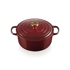 LE CREUSET Cocotte en Fonte Ronde 28 cm Garnet Bouton Doré Signature* Cocotte En Fonte