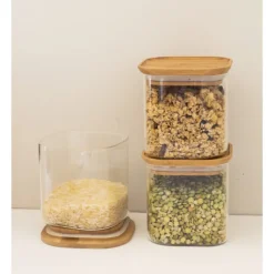 PEBBLY Lot 3 Boîtes de Conservation en Verre et Bambou Carré 800 ml* Conservation