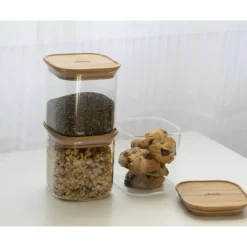 PEBBLY Lot 3 Boîtes de Conservation en Verre et Bambou Carré 800 ml* Conservation