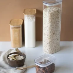 PEBBLY Lot de 3 Boîtes de Conservation en Verre Carrée Couvercle Bambou* Conservation