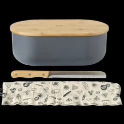 PEBBLY Set Boîte à Pain Ardoise Métal et Bambou 4 Pièces* Sac En Tissu|Conservation
