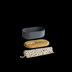 PEBBLY Set Boîte à Pain Ardoise Métal et Bambou 4 Pièces* Sac En Tissu|Conservation