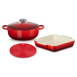 LE CREUSET Set Cocotte 24 cm, Plat à Gratin 23 cm et Dessous de Plat Cerise* Servir, Présenter|Cocotte En Fonte